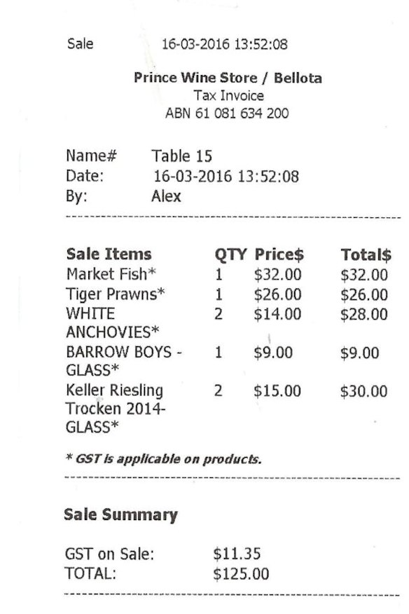 Receipt for lunch with Adam Garcia at Bellota