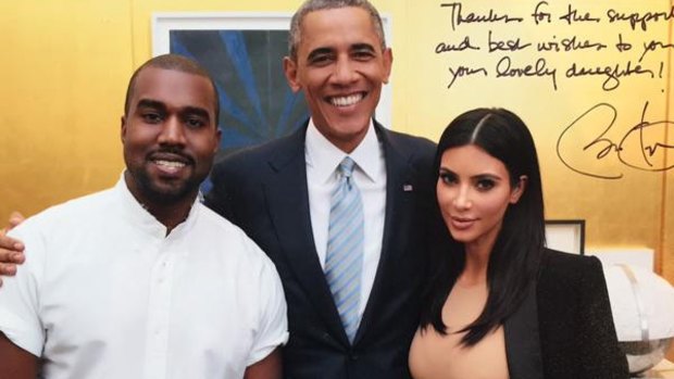 Kanye West opted for a laid-back casual look when he met President Obama with wife Kim Kardashian West.