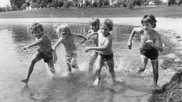 Members from the City branch and Corroboree Park section of the YMCA rush into the Lake Burley Griffin at Weston Park in 1978. Anton Radovanovic, 7, left, of Melba, David O'Connell, 8, of Fraser, Scott Maclean, 8, of Duffy, Gareth Adcock, 8, of Higgins and John Patrick, 6, of Giralang