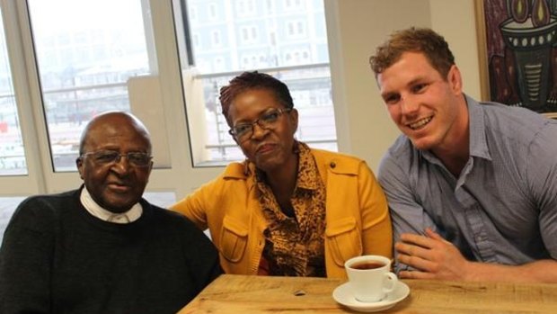 ACT Brumbies and Wallabies flanker David Pocock meets South African Archbishop Desmond Tutu.