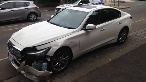 The car that allegedly rammed an ambulance and other cars, which was found in Domain Street, South Yarra.