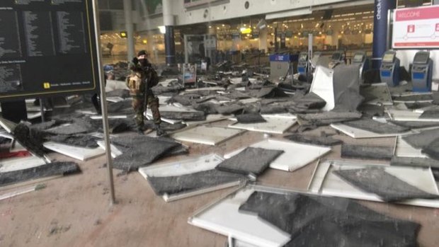 Damage to the Brussels Airport terminal in the aftermath of the blasts.