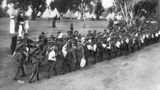 Soldiers from the 11th Battalion march out of Blackboy Hill camp before boarding ships bound for Gallipoli.