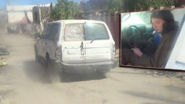 A television screenshot of one of the cars reportedly involved in a suicide bombing and (inset) a youth who bears a strong resemblance to Melbourne teen Jake Bilardi.