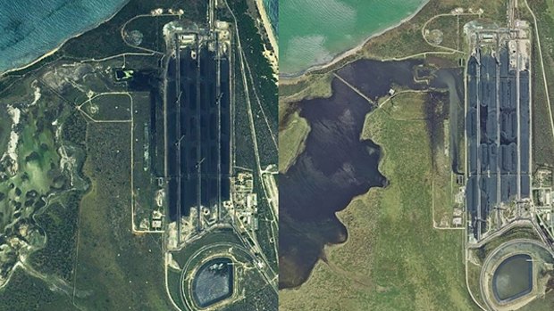Satellite images of the Abbot Point coal terminal and neighbouring wetlands. Before Cyclone Debbie, on the left, and post-cyclone, right.