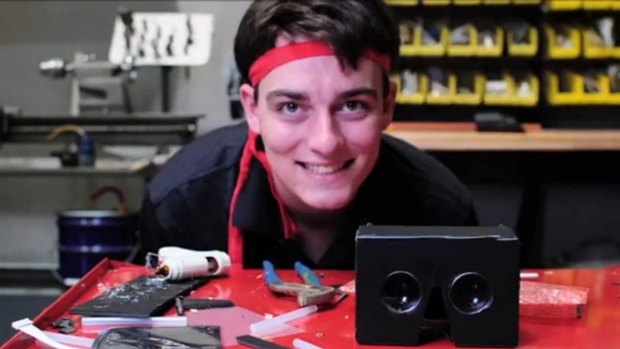 Full of strange ideas: 21-year-old Palmer Luckey with an early prototype of the Oculus Rift.