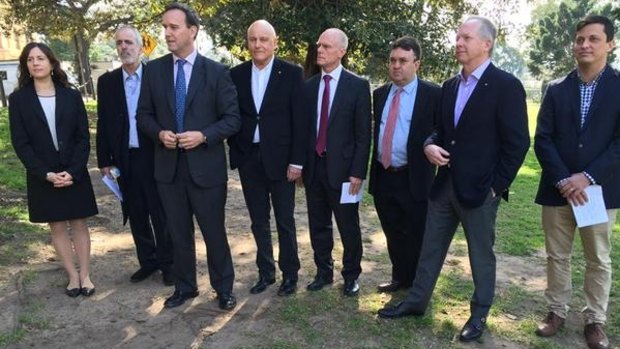 Senior members of eight environment groups gather in Sydney to oppose the federal government's plan to reduce legal appeal rights for major projects.