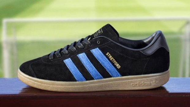 The Stretford shoe by Adidas features what appears to be Manchester City's blue stripes.
