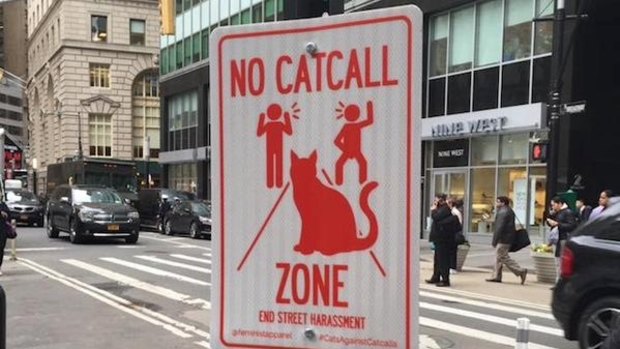 A "No Catcall Zone" sign installed in New York for End Street Harassment Week. 