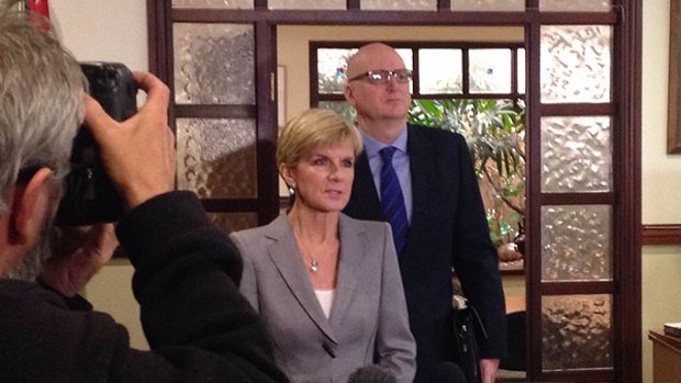 Foreign Minister Julie Bishop with Australia's ambassador to Indonesia, Paul Grigson, in Perth on Monday.
