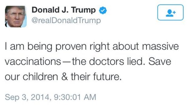 A widely shared tweet by Donald Trump decrying vaccination in 2014. 