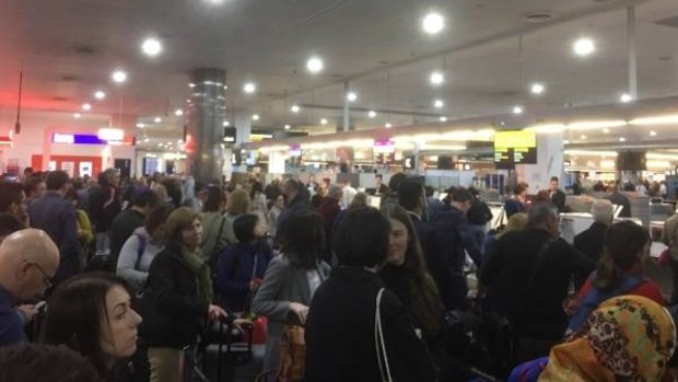 Long queues at Melbourne Airport in Australia.