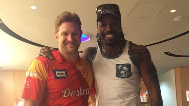 Shane Watson and Chris Gayle hug it out. Sort of.