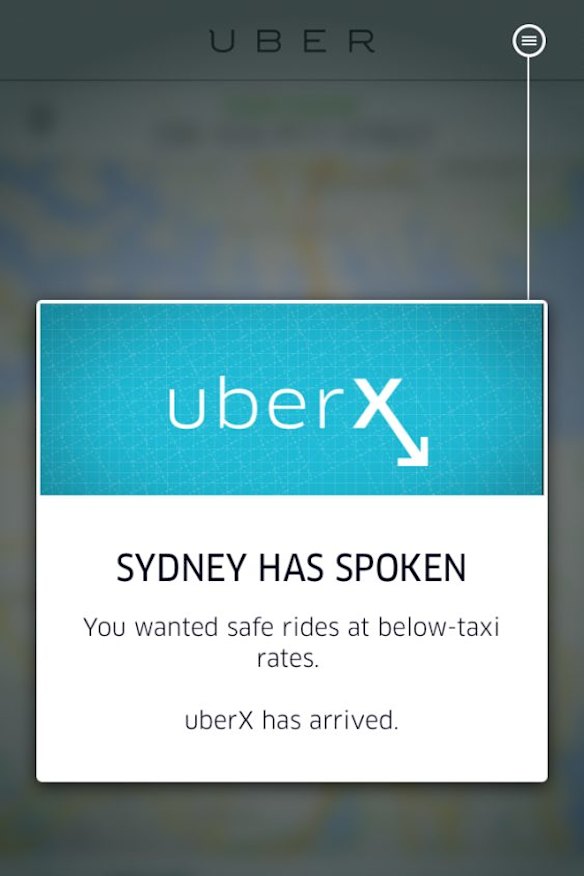 A message that appeared on the Uber app for Sydney users on Wednesday evening.