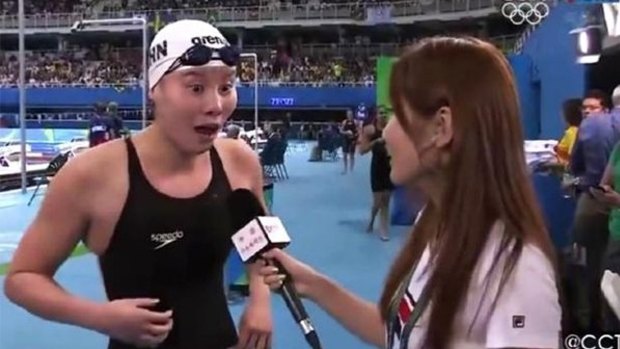 Chinese swimmer Fu Yuanhui being interviewed at the Rio Olympics.