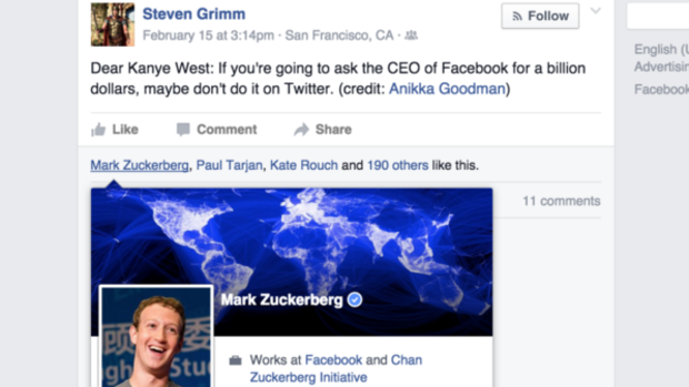 Mark Zuckerberg made his thoughts be known on Kanye West's request when he "liked" this Facebook post.