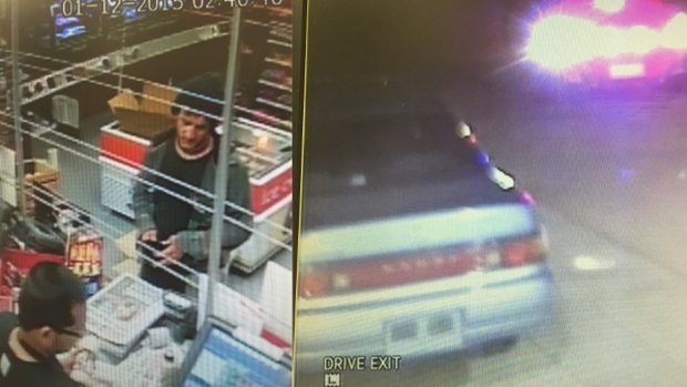 One of the offenders (left) is described as approximately 180 to 190 centimetres tall, wearing a black jumper with the hood pulled over his head and dark Adidas pants. They are believed to have driven a grey Toyota Camry (right).