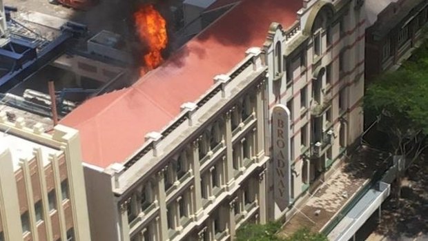 The Broadway on the Mall building burns in Brisbane's CBD.