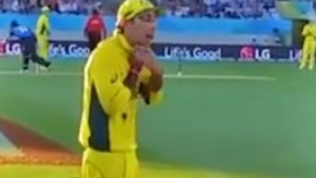 Choke's on you: Glenn Maxwell mimics a choke to the Eden Park crowd in the tense pool match against New Zealand. The Black Caps went on to win by one wicket.