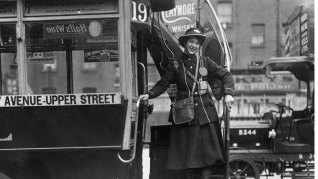 Efficient: In World War 1 women did all sorts of 'untraditional' jobs such as this London bus conductor.