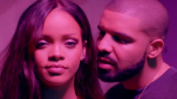 Rihanna and Drake in a shot from the video clip for <i>Work.</i> 