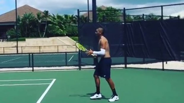 Kyrgios on court at Hewitt's place.