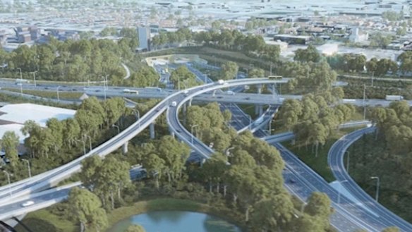 Stills from the WestConnex imagery showing the St Peters interchange.