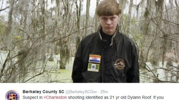 Dylann Roof, 21, in a picture police tweeted on Thursday. It showed him wearing a black jacket with flags of apartheid-era South Africa and white-ruled Rhodesia.