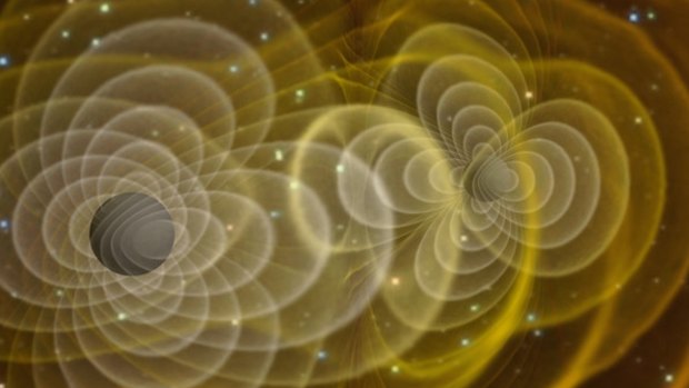 An illustration of gravitational waves produced by two orbiting black holes. 