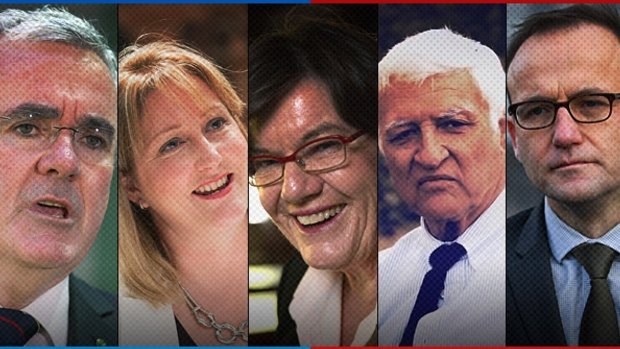 The five crossbenchers who could decide our next government: Andrew Wilkie, Rebekha Sharkie, Cathy McGowan, Bob Katter, Adam Bandt.