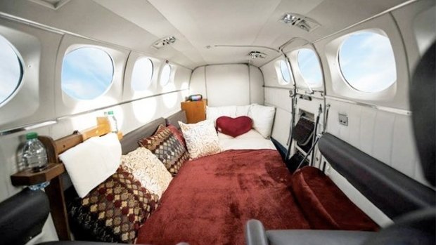 Red satin sheets, 'sex position' pillows and cushions, and a custom made foam mattress are on board for Love Cloud's 'Mile High Club' flights. 