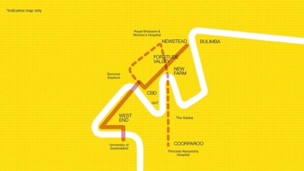 The proposed route of Labor's planned light rail system for Brisbane. The dotted line represents the second stage.