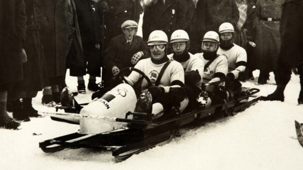 Freddie McEvoy, front, with the British bobsleigh team which won bronze at the 1936 Winter Olympic Games.