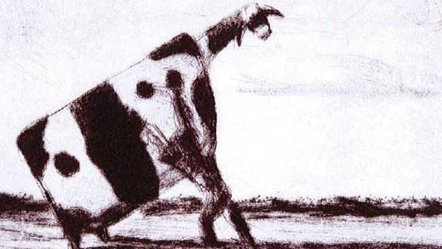 Man Lifting Cow sketch by artist John Kelly, who grew up in Sunshine.