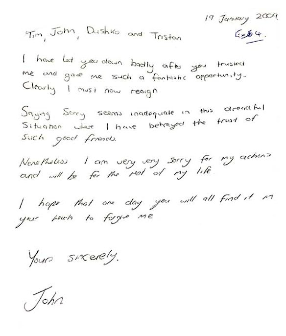 John Hartman’s handwritten apology to his Orion bosses after being caught.