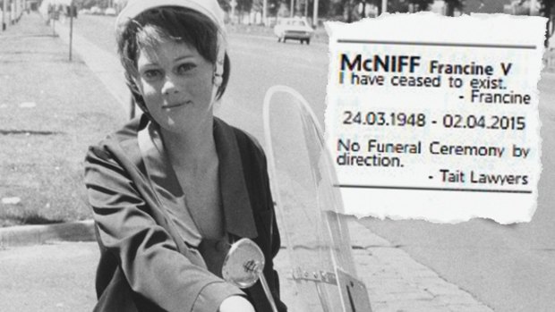 Criminal barrister Francine McNiff, at age 21, and (inset) her self-penned death notice in The Age in April 2015.