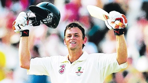 Adam Gilchrist celebrates reaching a century in an Ashes Test Match between Australia and England at the WACA on December 16, 2006.