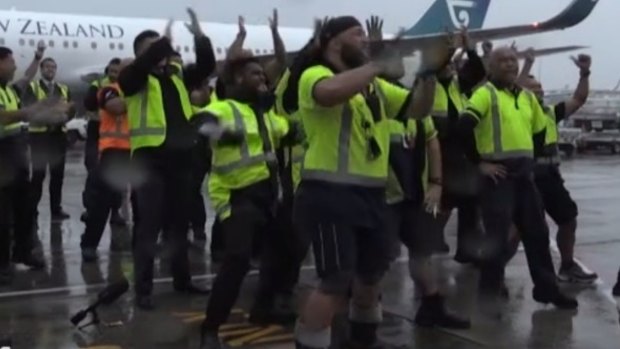 Air New Zealand staff were on the tarmac to welcome the All Blacks home.
