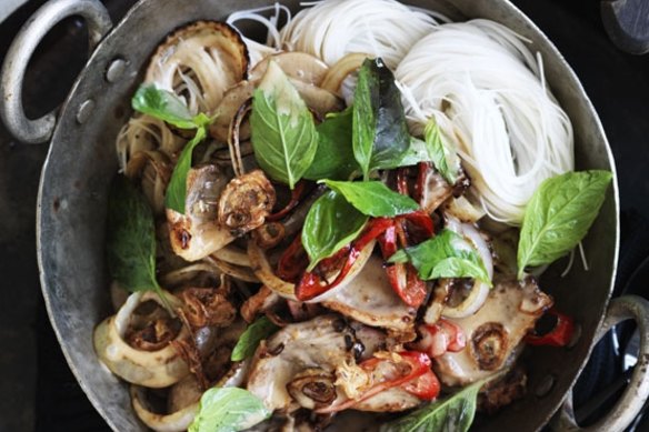 Neil Perry's wok-fried duck with coconut milk, Thai basil and vermicelli noodles.