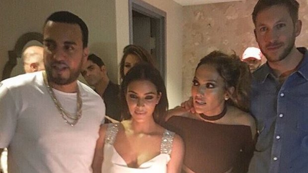 Kim Kardashian West and Calvin Harris party with Jennifer Lopez for her 47th birthday in Las Vegas. Also pictured is rapper French Montana.
