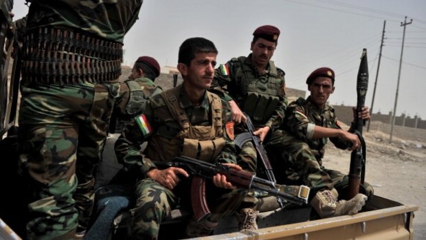Peshmerga forces of Iraq Kurdistan Regional Government patrolling the outskirts of Mosul in June 2014 to prevent infiltration of IS who seized Mosul.