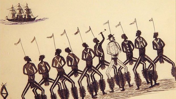 This drawing by Tommy McRae depicts the figure of William Buckley with a group of Koorie men.