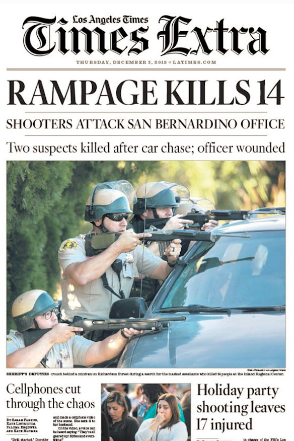 The front page of Thursday's Los Angeles Times prominently features the San Bernardino mass shooting.