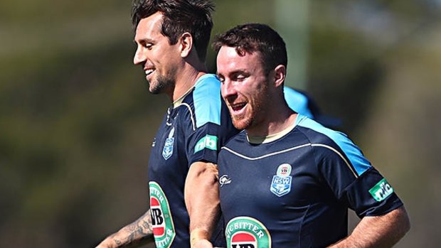 Great expectations: James Maloney (right) and Mitchell Pearce reunite for the Blues. 