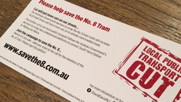 A flyer being distributed by the Liberal Party to "save" the number eight tram route. 