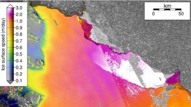 Ice flow velocities of Larsen C in February 2017, from ESA Sentinel-1 data.