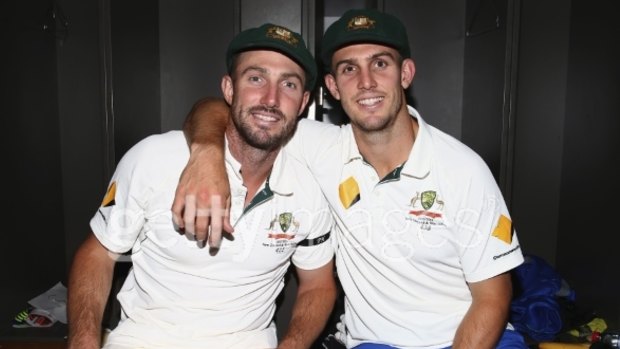 Shaun Marsh and Mitch Marsh of Australia pose in the changerooms after day three of the Third Test match between Australia and New Zealand