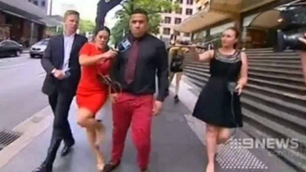 2014 incident: John Hopoate in a confrontation with 2UE reporter Leonie Ryan at the Downing Centre Local Court.