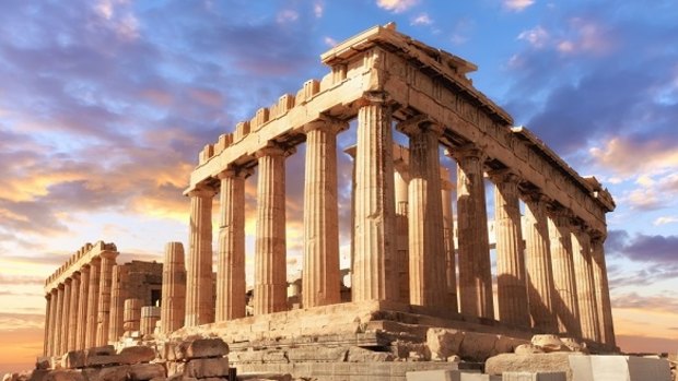 Parthenon temple at sunset in Athens.