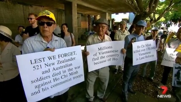 Protesters outside Uncle Ho restaurant, Brisbane.